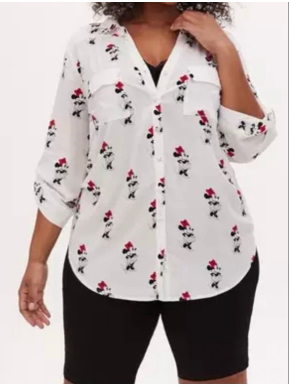 Women's Disney Minnie Mouse Button Down Shirt Plus 1X White Red